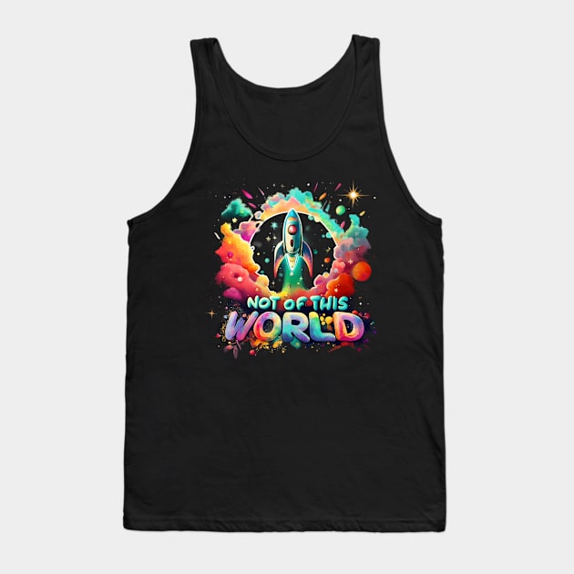 "Not of this World" - Rocket in neon Space Tank Top by PrintSoulDesigns